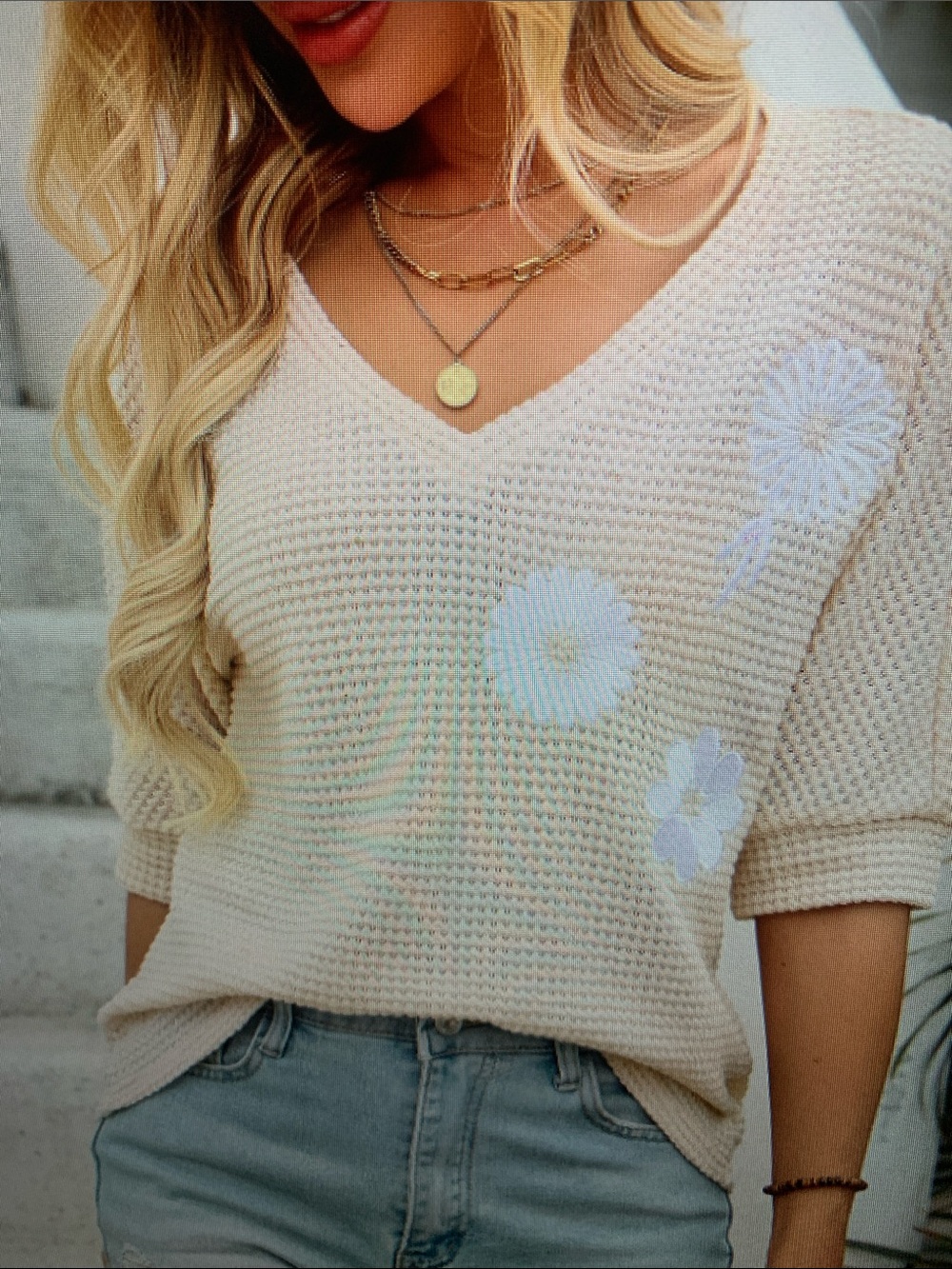 V-Neck Cream Knit Sweater with Daisy Embroidery
